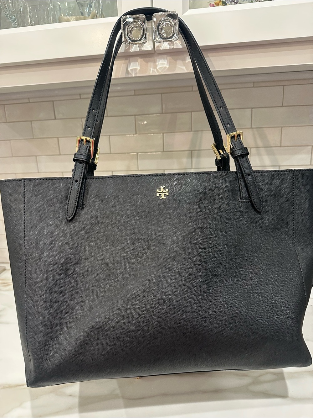 Tory Burch Black Leather Tote with Gold Logo